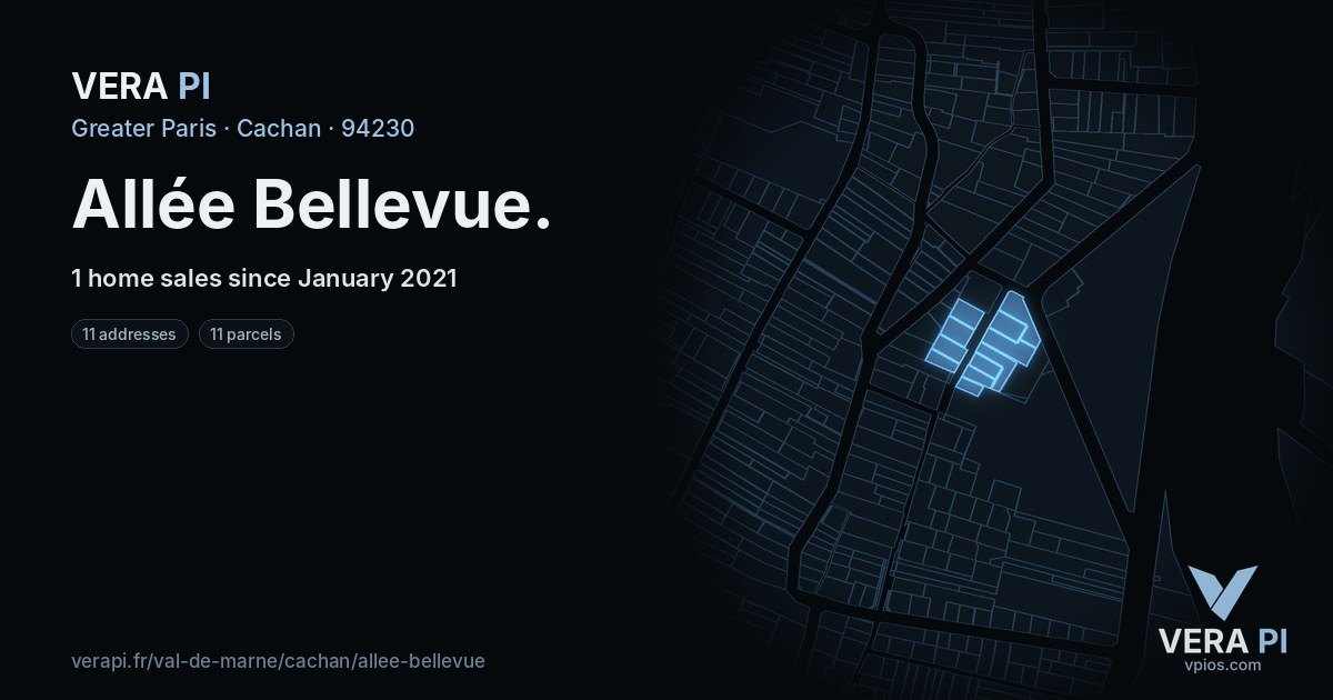 Allée Bellevue, Cachan at night – every parcel coloured by the prices around it, the street's own parcels lit