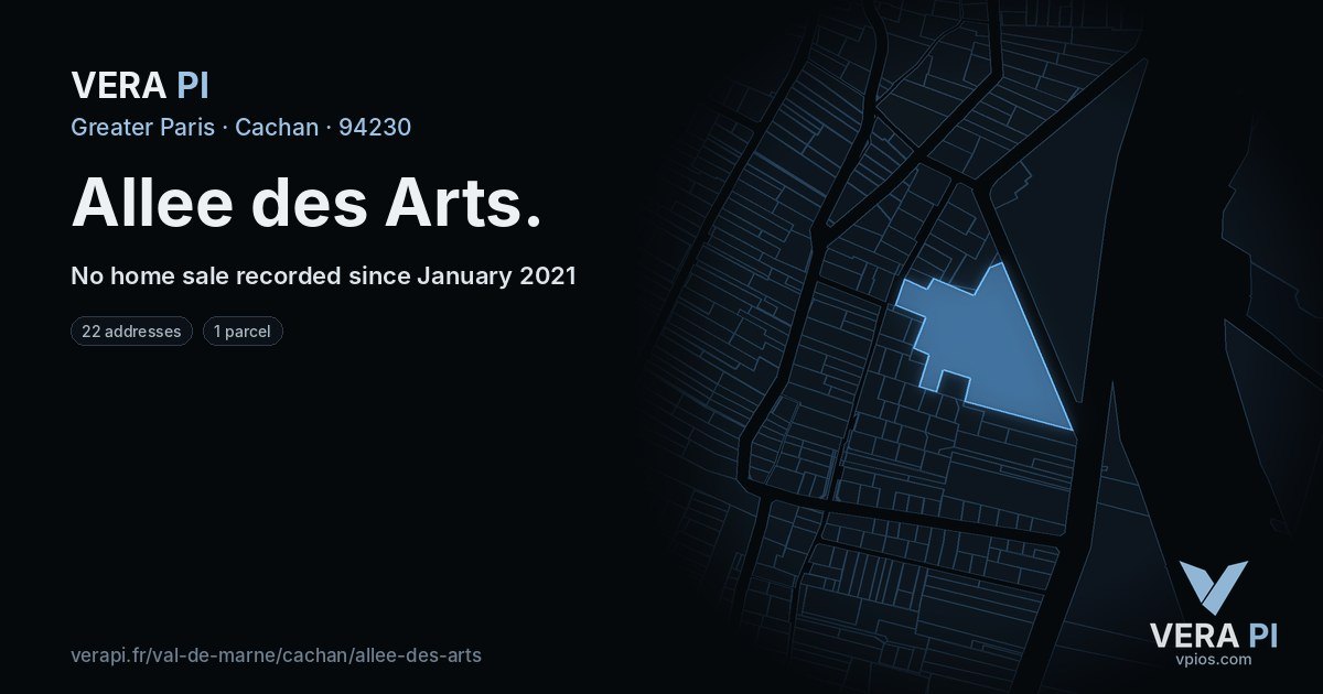 Allee des Arts, Cachan at night – every parcel coloured by the prices around it, the street's own parcels lit