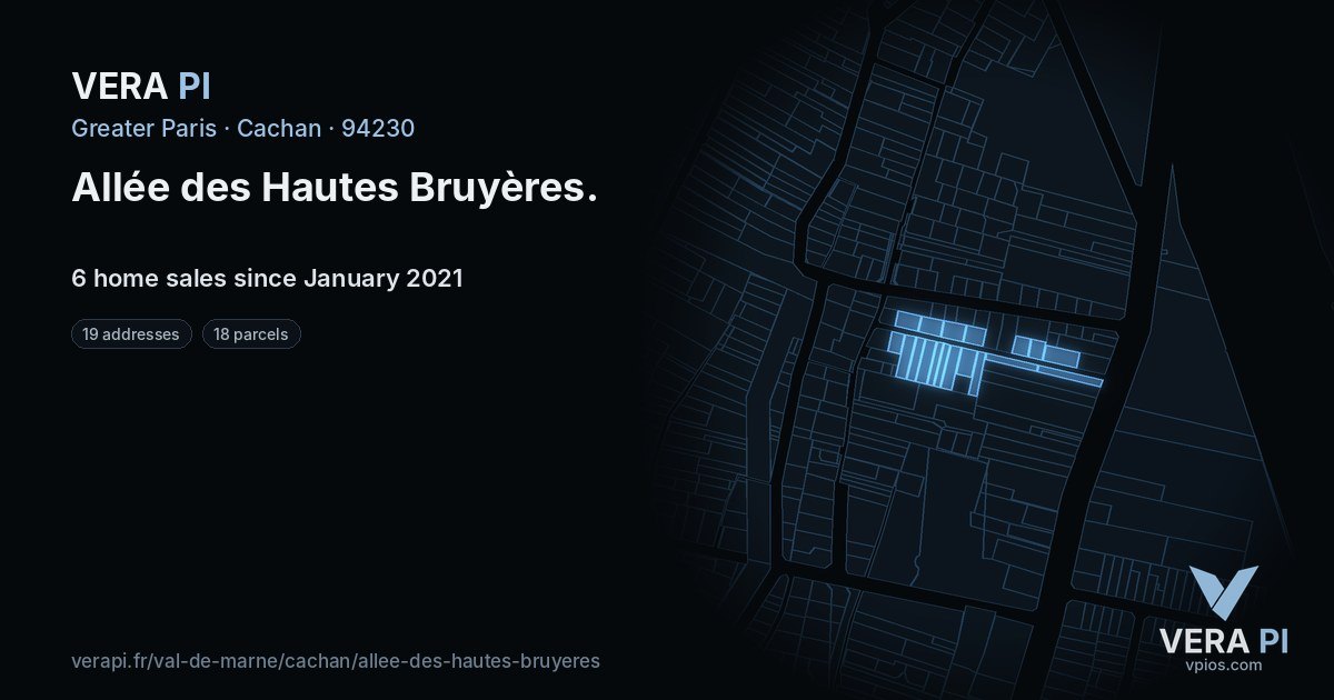 Allée des Hautes Bruyères, Cachan at night – every parcel coloured by the prices around it, the street's own parcels lit