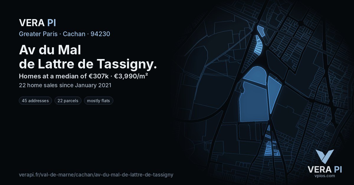 Av du Mal de Lattre de Tassigny, Cachan at night – every parcel coloured by the prices around it, the street's own parcels lit