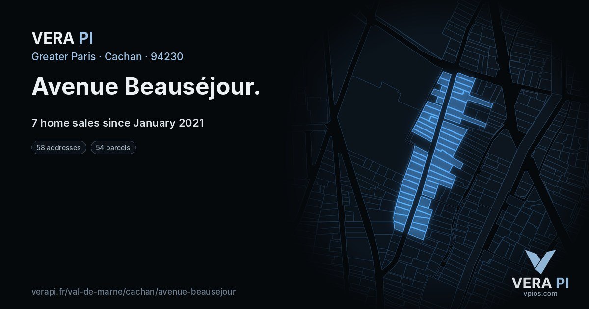 Avenue Beauséjour, Cachan at night – every parcel coloured by the prices around it, the street's own parcels lit