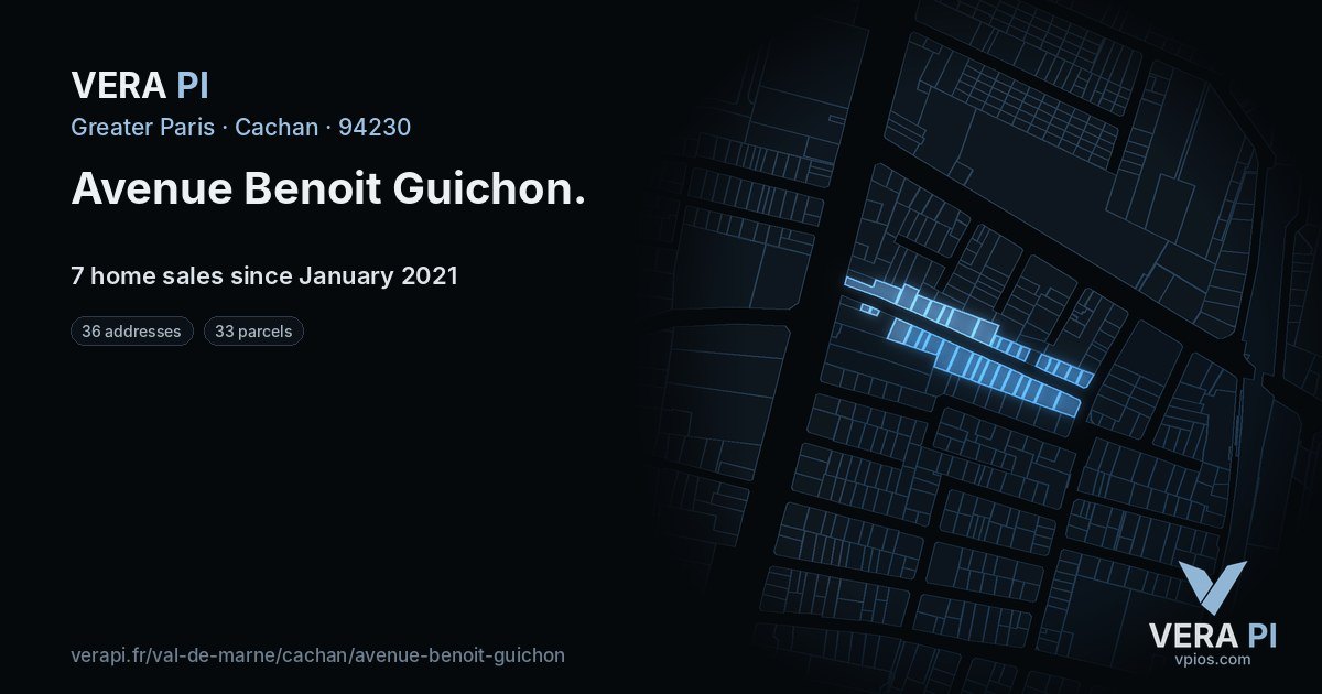 Avenue Benoit Guichon, Cachan at night – every parcel coloured by the prices around it, the street's own parcels lit