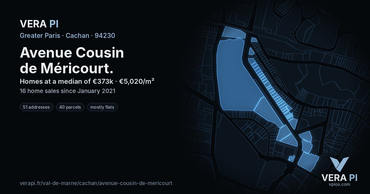 Avenue Cousin de Méricourt, Cachan at night – every parcel coloured by the prices around it, the street's own parcels lit