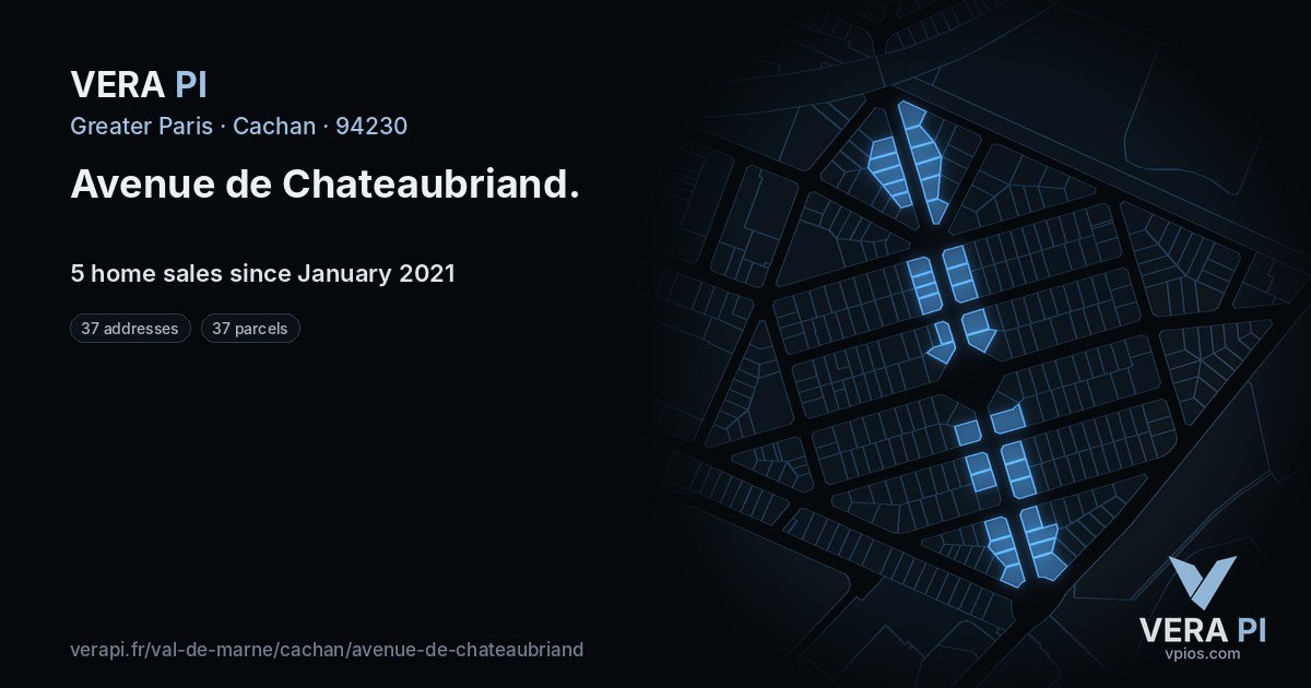 Avenue de Chateaubriand, Cachan at night – every parcel coloured by the prices around it, the street's own parcels lit