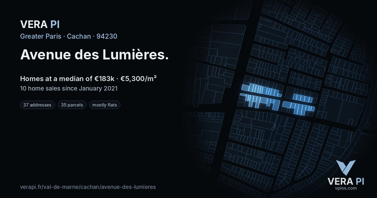 Avenue des Lumières, Cachan at night – every parcel coloured by the prices around it, the street's own parcels lit