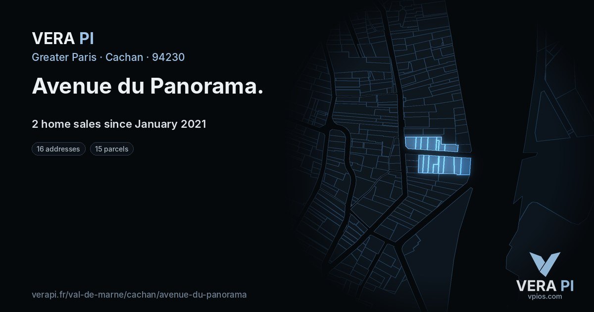 Avenue du Panorama, Cachan at night – every parcel coloured by the prices around it, the street's own parcels lit