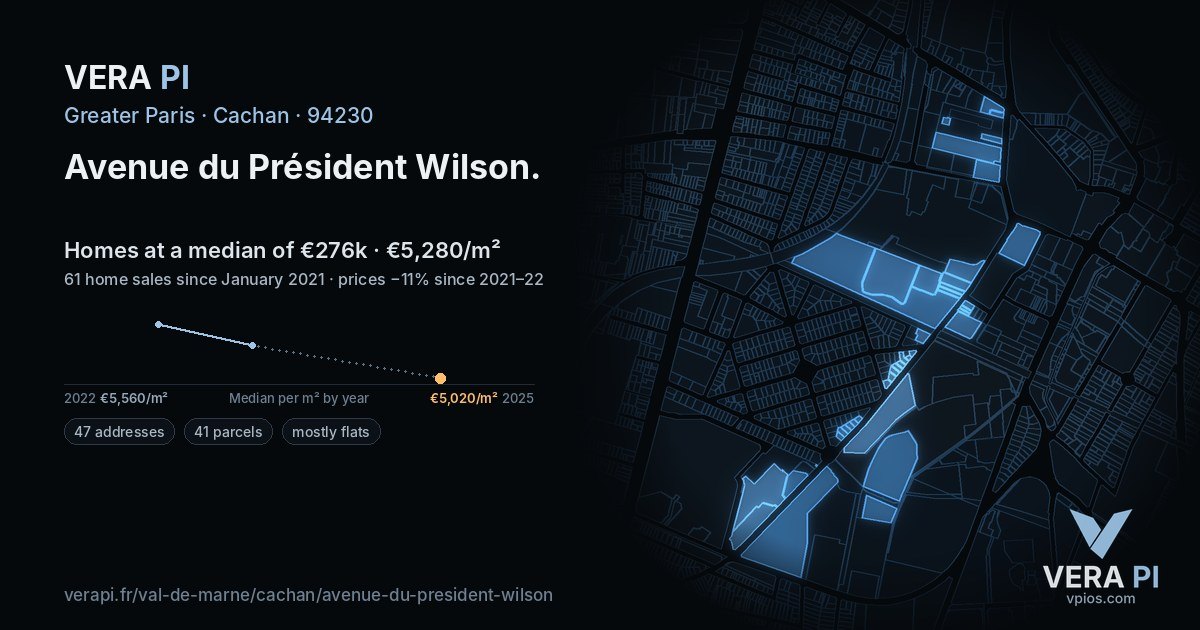 Avenue du Président Wilson, Cachan at night – every parcel coloured by the prices around it, the street's own parcels lit