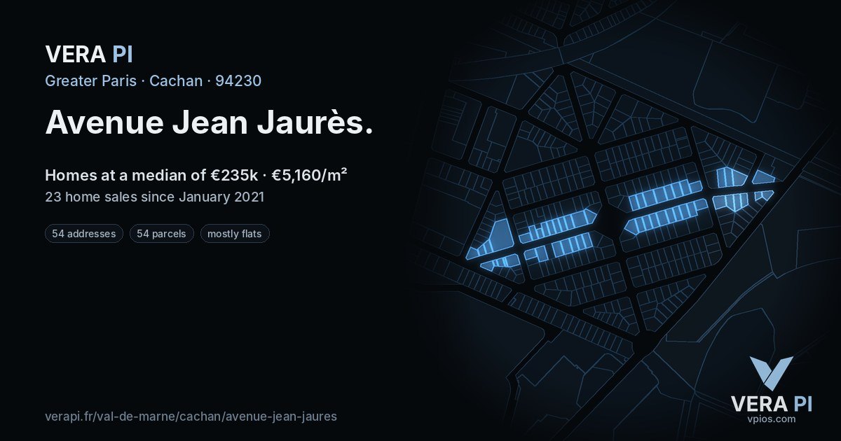 Avenue Jean Jaurès, Cachan at night – every parcel coloured by the prices around it, the street's own parcels lit