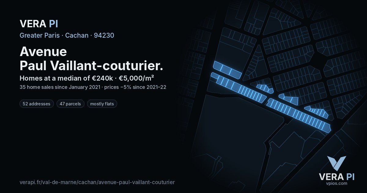 Avenue Paul Vaillant-couturier, Cachan at night – every parcel coloured by the prices around it, the street's own parcels lit