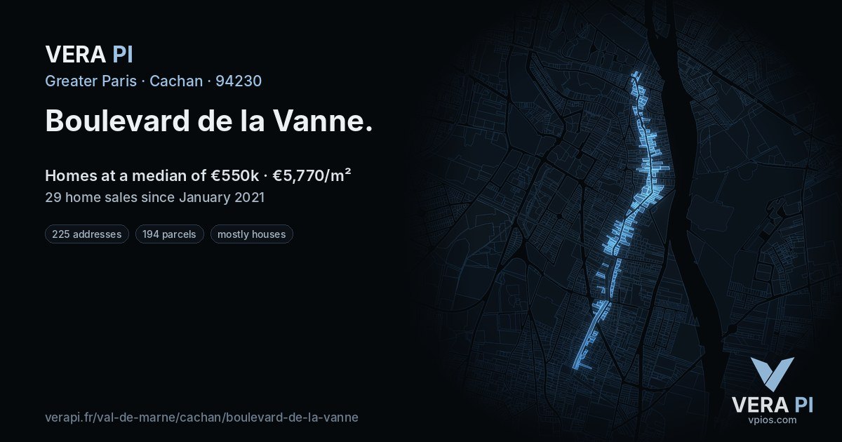 Boulevard de la Vanne, Cachan at night – every parcel coloured by the prices around it, the street's own parcels lit