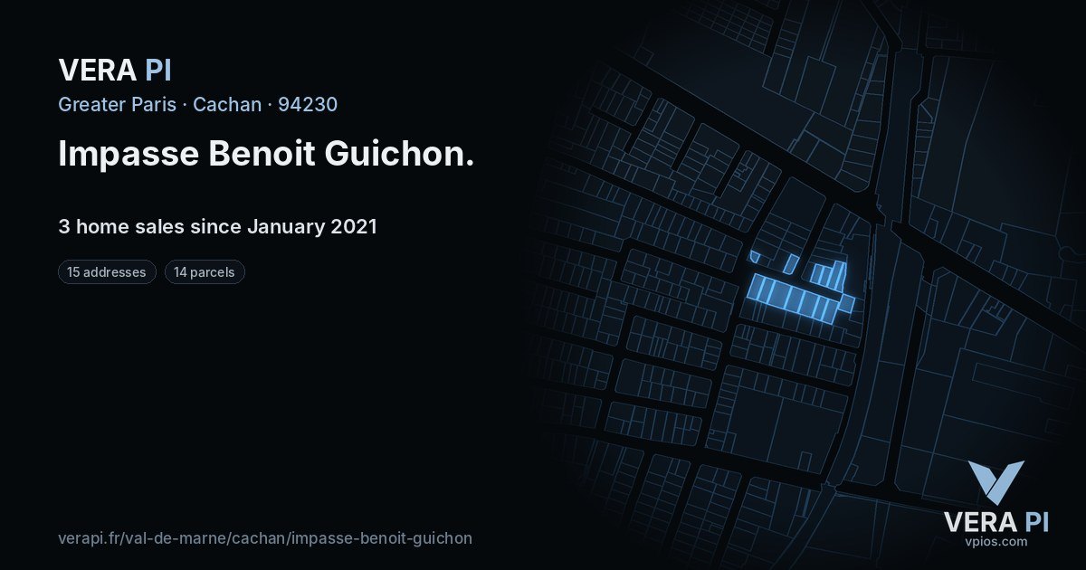 Impasse Benoit Guichon, Cachan at night – every parcel coloured by the prices around it, the street's own parcels lit
