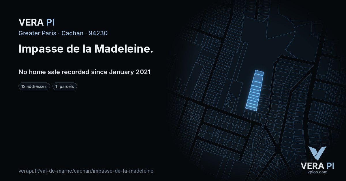 Impasse de la Madeleine, Cachan at night – every parcel coloured by the prices around it, the street's own parcels lit
