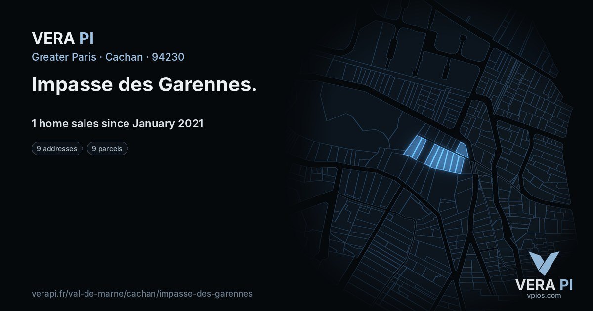Impasse des Garennes, Cachan at night – every parcel coloured by the prices around it, the street's own parcels lit