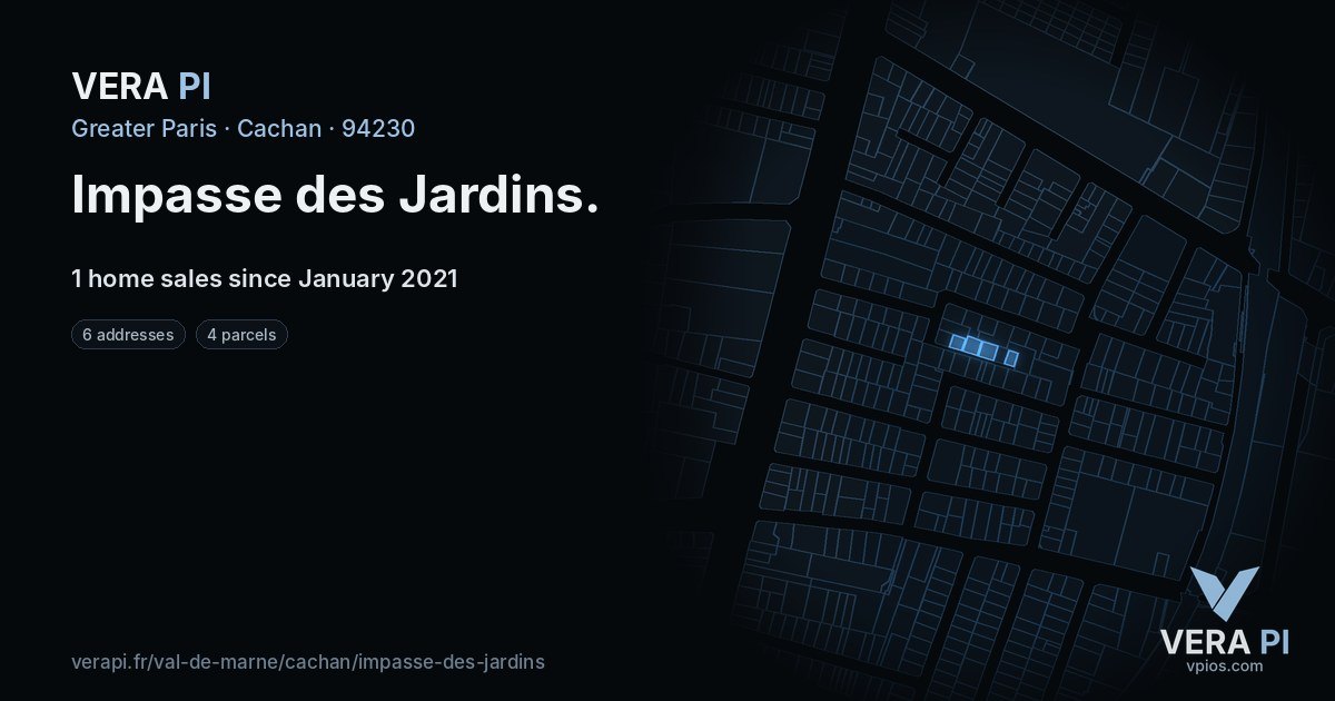 Impasse des Jardins, Cachan at night – every parcel coloured by the prices around it, the street's own parcels lit