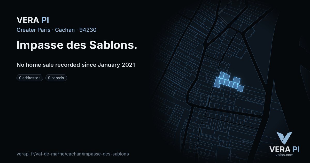Impasse des Sablons, Cachan at night – every parcel coloured by the prices around it, the street's own parcels lit