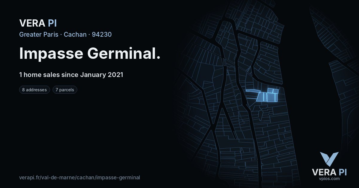 Impasse Germinal, Cachan at night – every parcel coloured by the prices around it, the street's own parcels lit