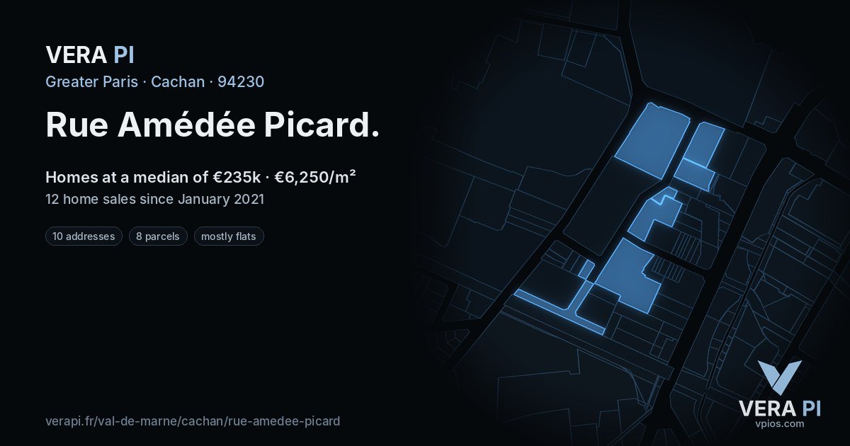 Rue Amédée Picard, Cachan at night – every parcel coloured by the prices around it, the street's own parcels lit