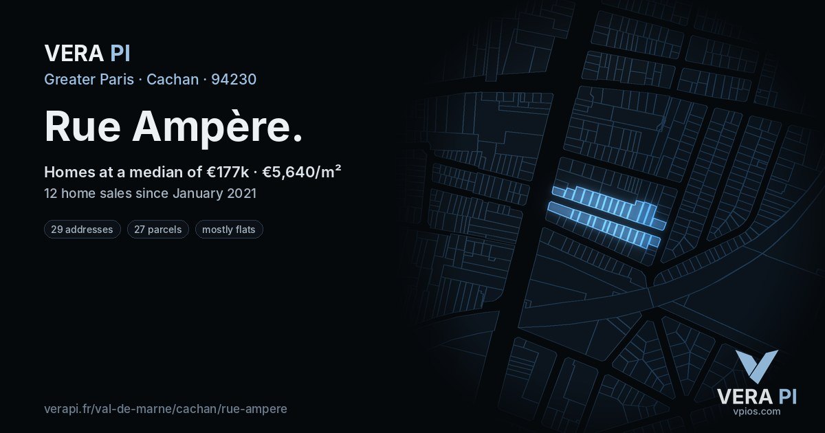 Rue Ampère, Cachan at night – every parcel coloured by the prices around it, the street's own parcels lit