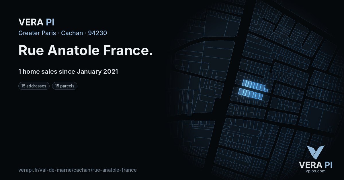 Rue Anatole France, Cachan at night – every parcel coloured by the prices around it, the street's own parcels lit