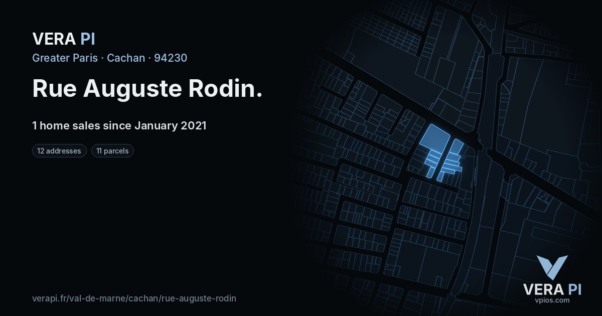 Rue Auguste Rodin, Cachan at night – every parcel coloured by the prices around it, the street's own parcels lit