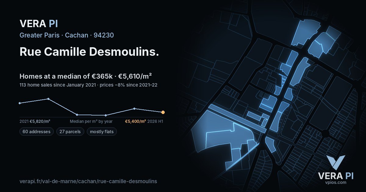 Rue Camille Desmoulins, Cachan at night – every parcel coloured by the prices around it, the street's own parcels lit