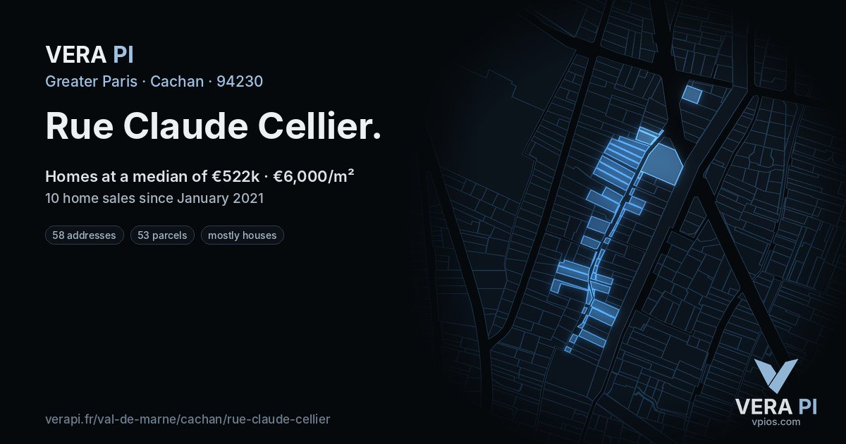 Rue Claude Cellier, Cachan at night – every parcel coloured by the prices around it, the street's own parcels lit