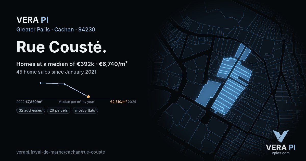 Rue Cousté, Cachan at night – every parcel coloured by the prices around it, the street's own parcels lit