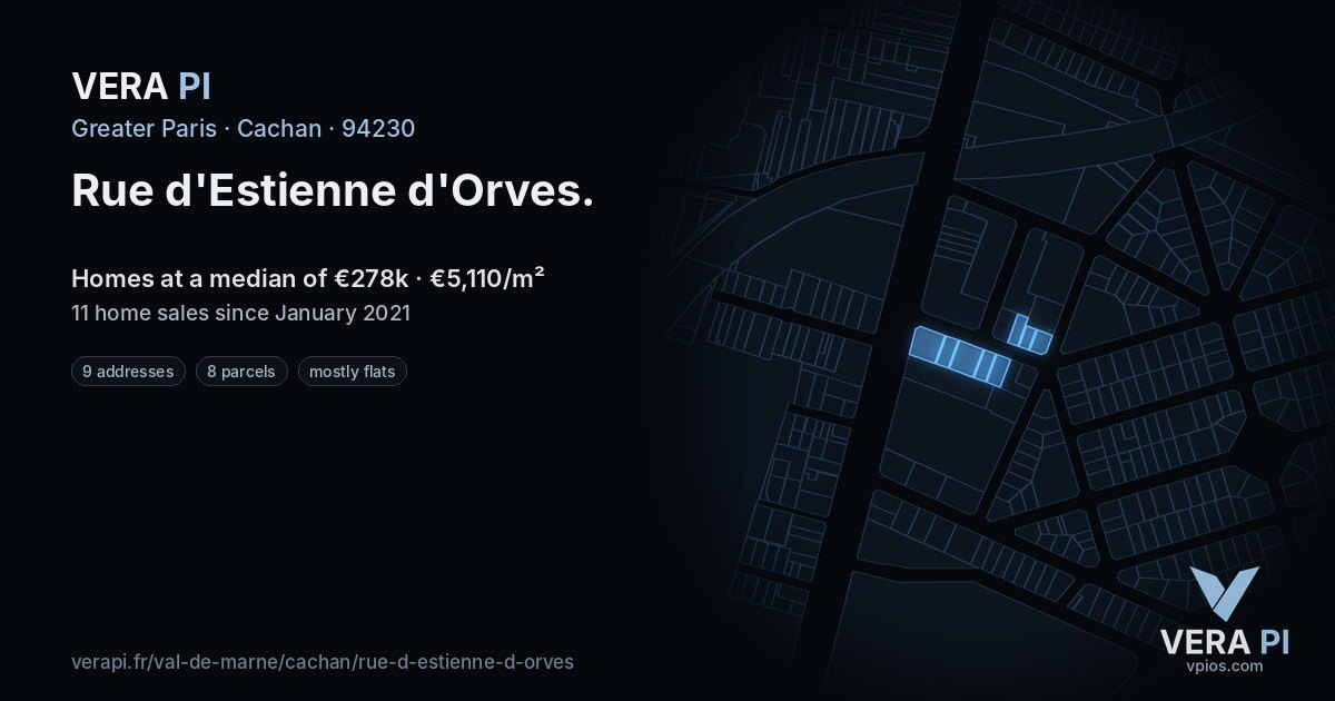 Rue d'Estienne d'Orves, Cachan at night – every parcel coloured by the prices around it, the street's own parcels lit