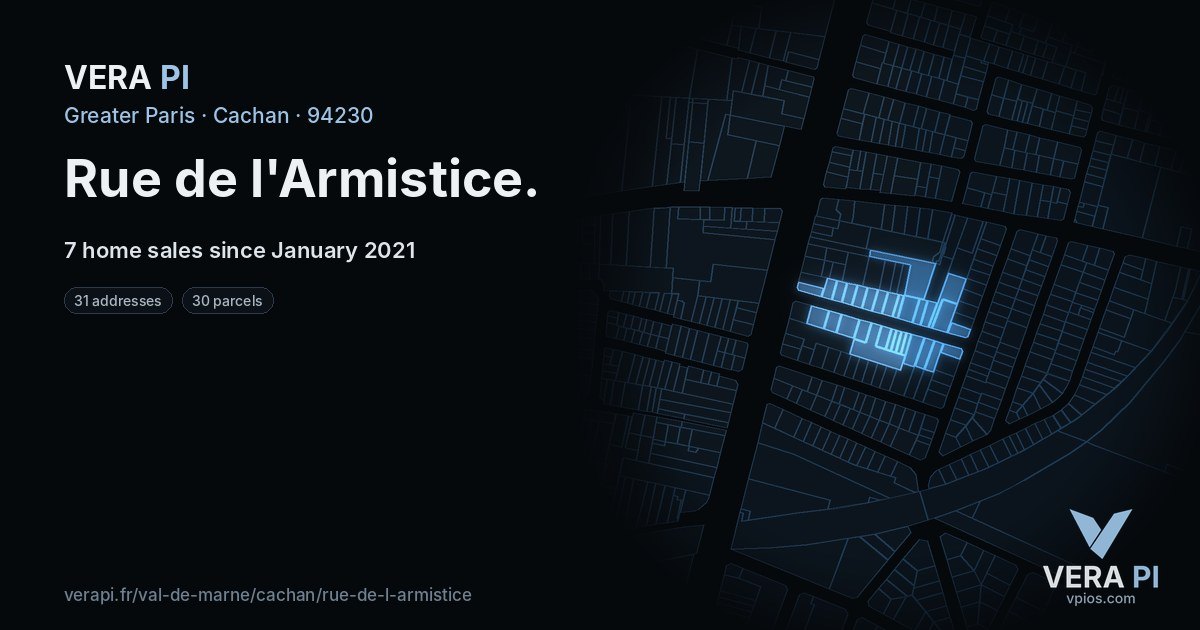 Rue de l'Armistice, Cachan at night – every parcel coloured by the prices around it, the street's own parcels lit