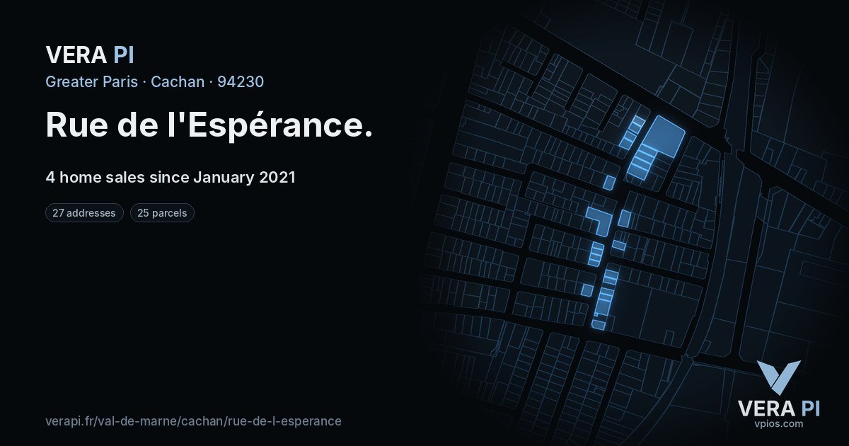 Rue de l'Espérance, Cachan at night – every parcel coloured by the prices around it, the street's own parcels lit