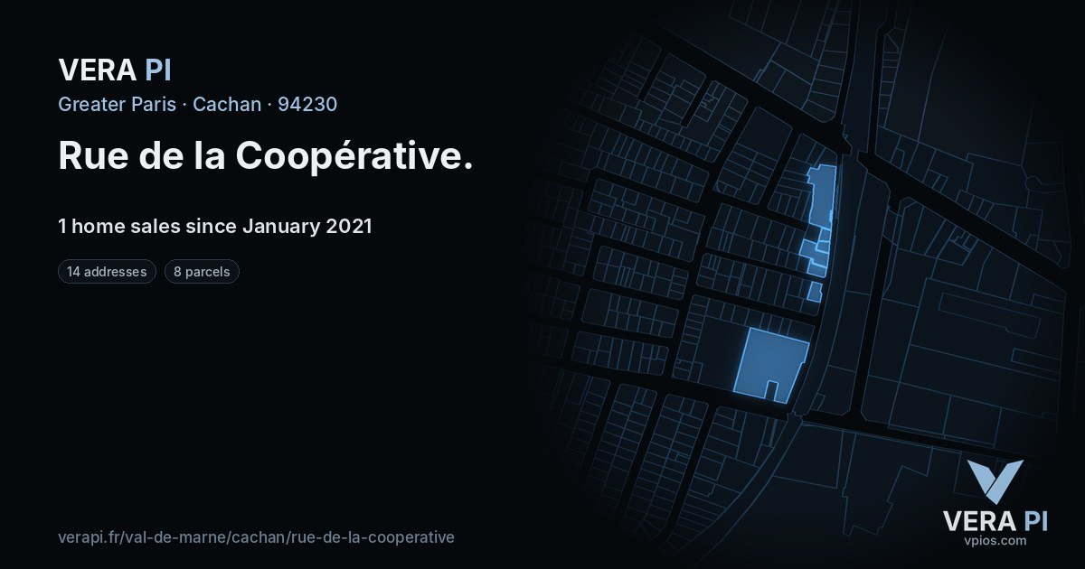 Rue de la Coopérative, Cachan at night – every parcel coloured by the prices around it, the street's own parcels lit