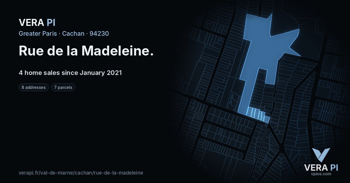 Rue de la Madeleine, Cachan at night – every parcel coloured by the prices around it, the street's own parcels lit