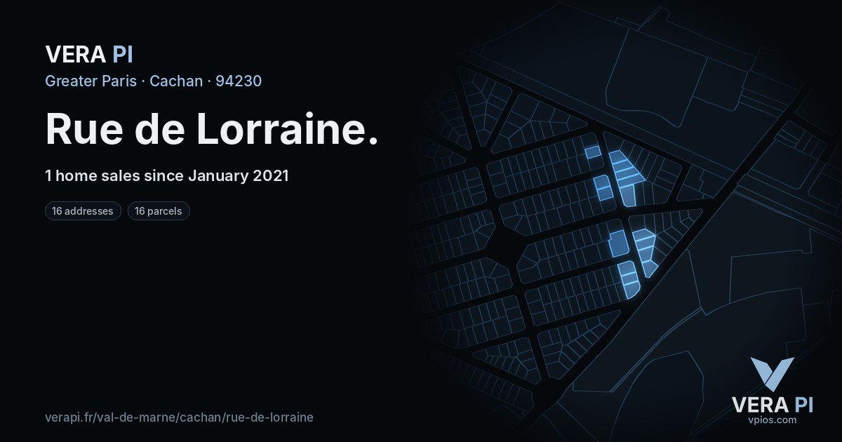 Rue de Lorraine, Cachan at night – every parcel coloured by the prices around it, the street's own parcels lit