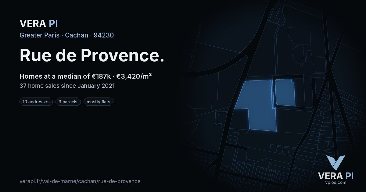 Rue de Provence, Cachan at night – every parcel coloured by the prices around it, the street's own parcels lit