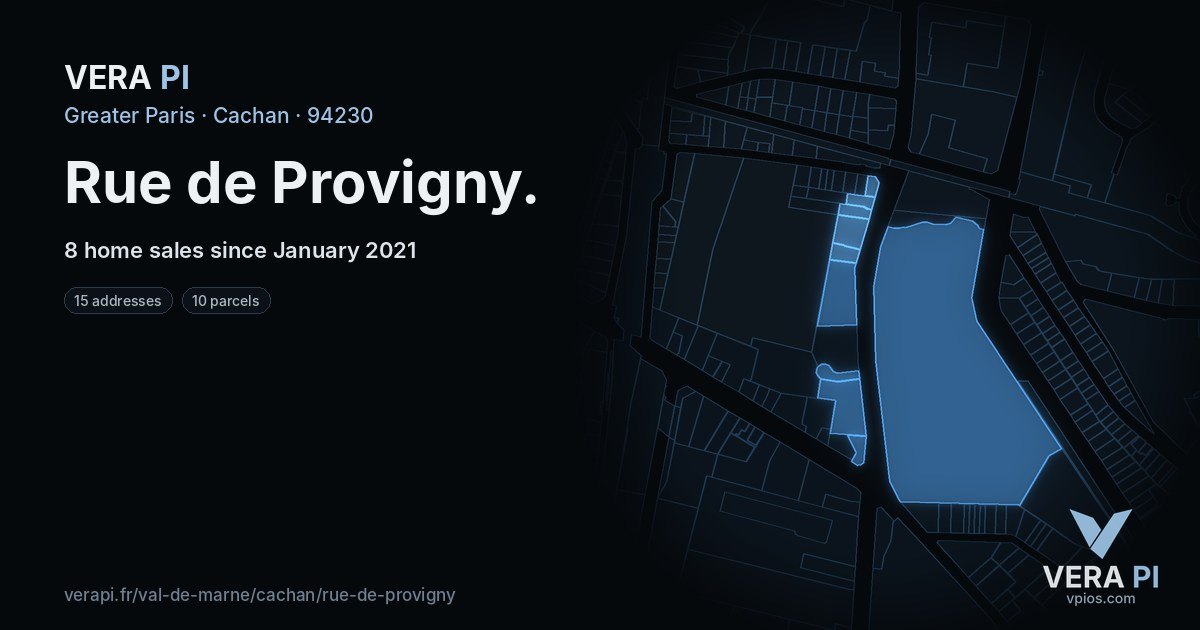Rue de Provigny, Cachan at night – every parcel coloured by the prices around it, the street's own parcels lit