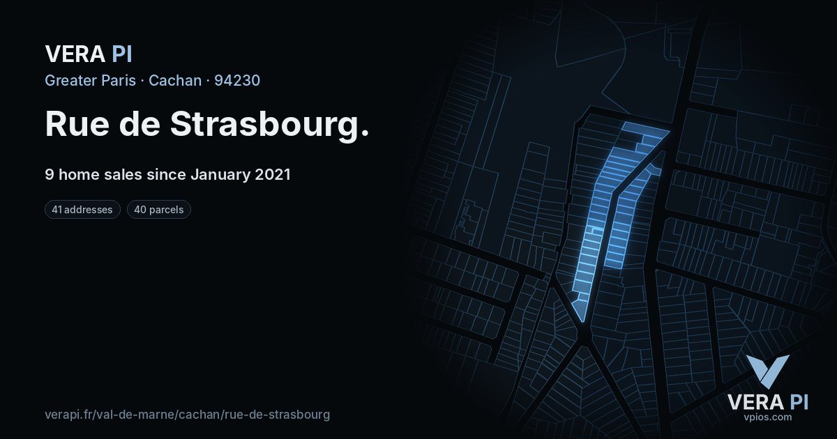 Rue de Strasbourg, Cachan at night – every parcel coloured by the prices around it, the street's own parcels lit