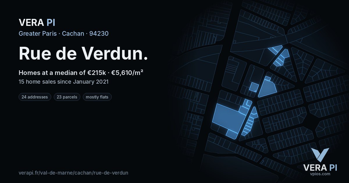 Rue de Verdun, Cachan at night – every parcel coloured by the prices around it, the street's own parcels lit