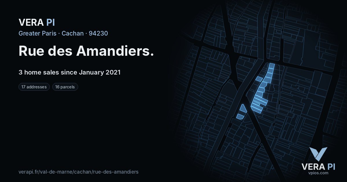 Rue des Amandiers, Cachan at night – every parcel coloured by the prices around it, the street's own parcels lit
