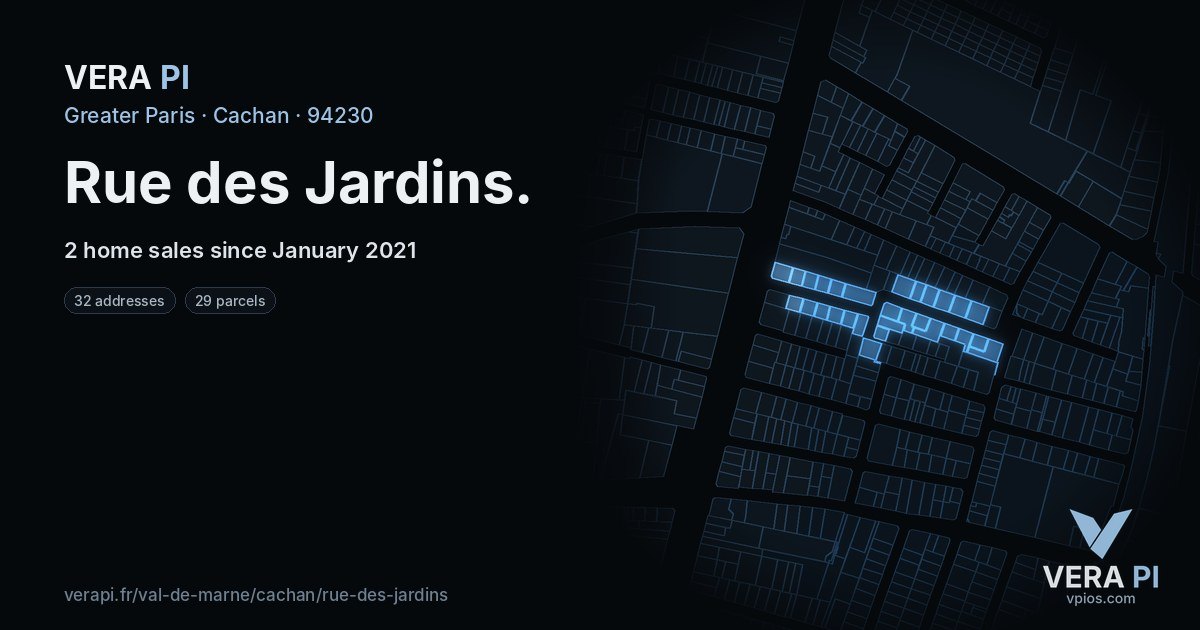 Rue des Jardins, Cachan at night – every parcel coloured by the prices around it, the street's own parcels lit
