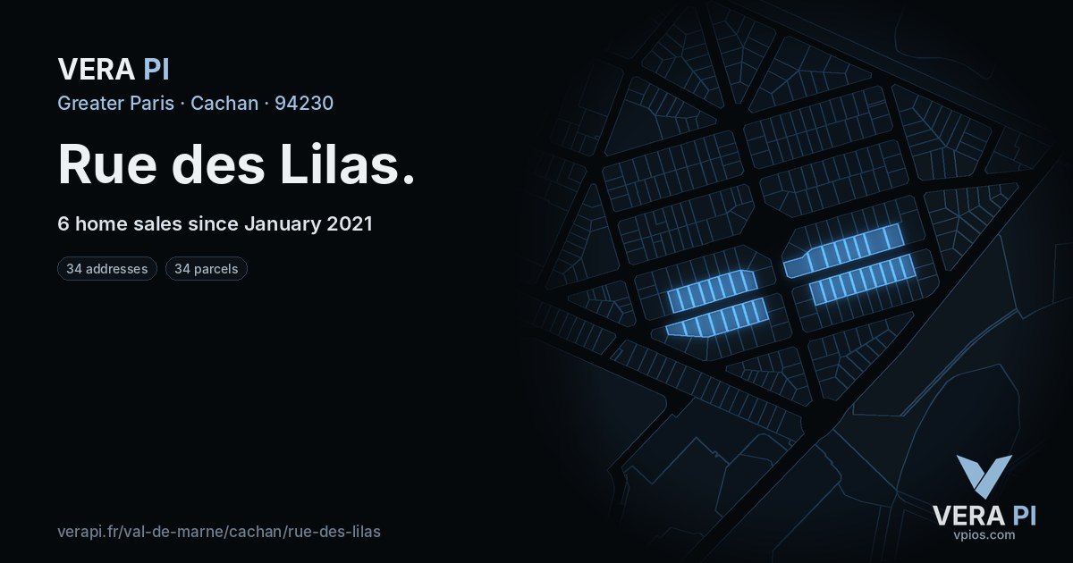 Rue des Lilas, Cachan at night – every parcel coloured by the prices around it, the street's own parcels lit