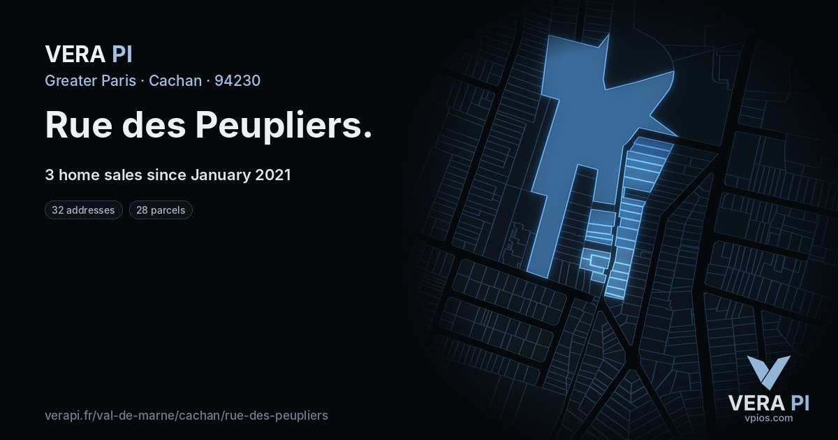 Rue des Peupliers, Cachan at night – every parcel coloured by the prices around it, the street's own parcels lit
