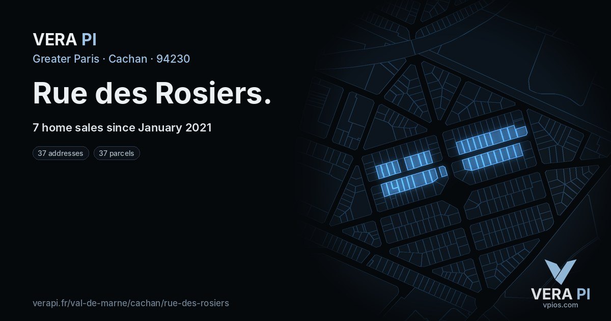 Rue des Rosiers, Cachan at night – every parcel coloured by the prices around it, the street's own parcels lit