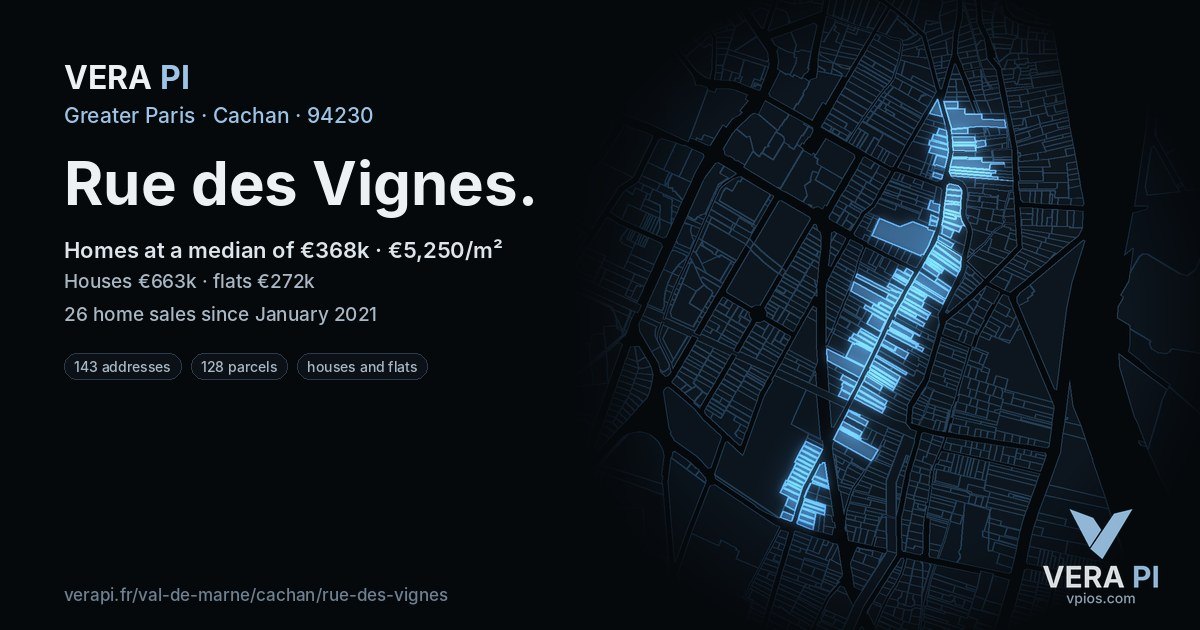 Rue des Vignes, Cachan at night – every parcel coloured by the prices around it, the street's own parcels lit