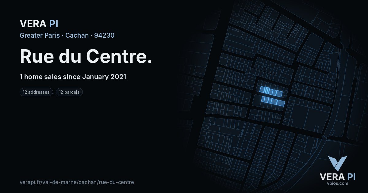Rue du Centre, Cachan at night – every parcel coloured by the prices around it, the street's own parcels lit
