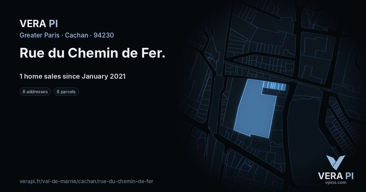 Rue du Chemin de Fer, Cachan at night – every parcel coloured by the prices around it, the street's own parcels lit