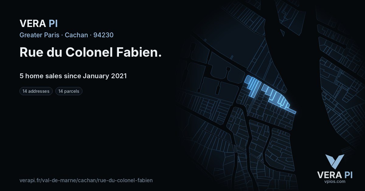 Rue du Colonel Fabien, Cachan at night – every parcel coloured by the prices around it, the street's own parcels lit