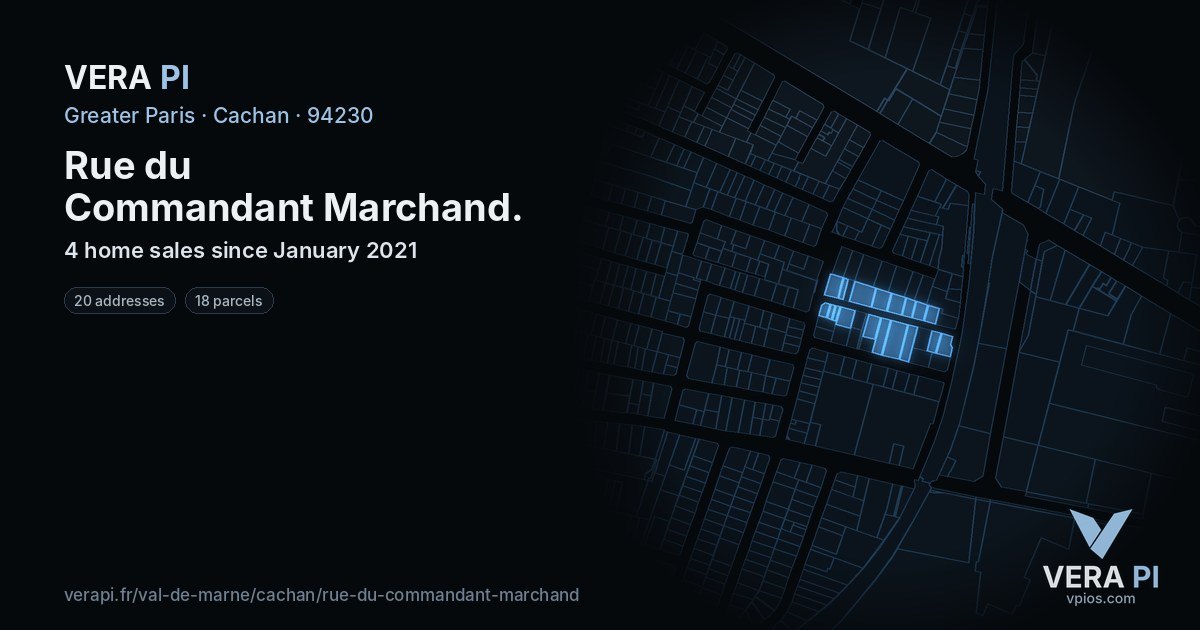 Rue du Commandant Marchand, Cachan at night – every parcel coloured by the prices around it, the street's own parcels lit