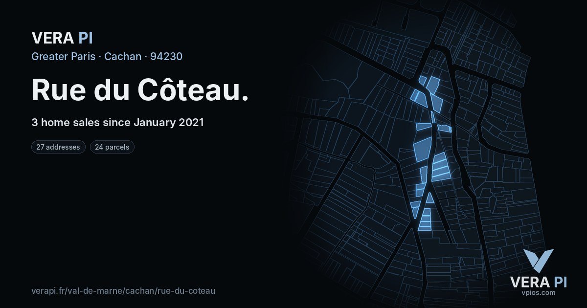Rue du Côteau, Cachan at night – every parcel coloured by the prices around it, the street's own parcels lit