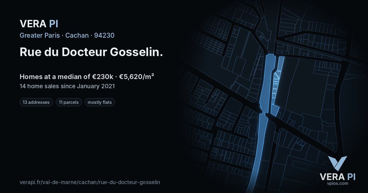 Rue du Docteur Gosselin, Cachan at night – every parcel coloured by the prices around it, the street's own parcels lit