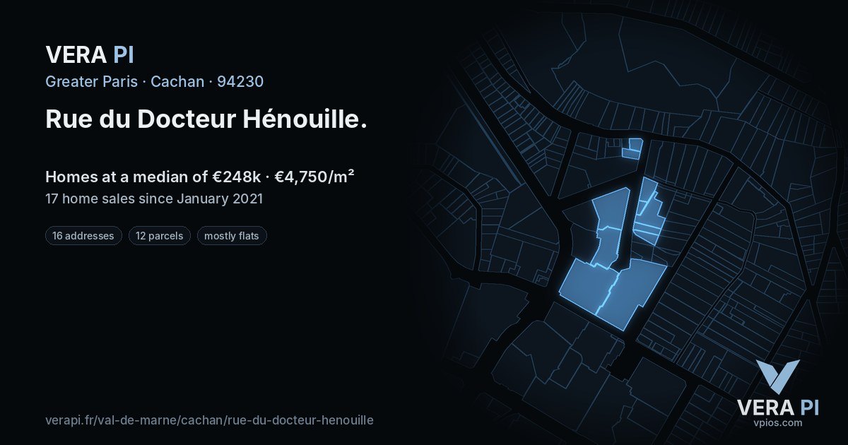 Rue du Docteur Hénouille, Cachan at night – every parcel coloured by the prices around it, the street's own parcels lit